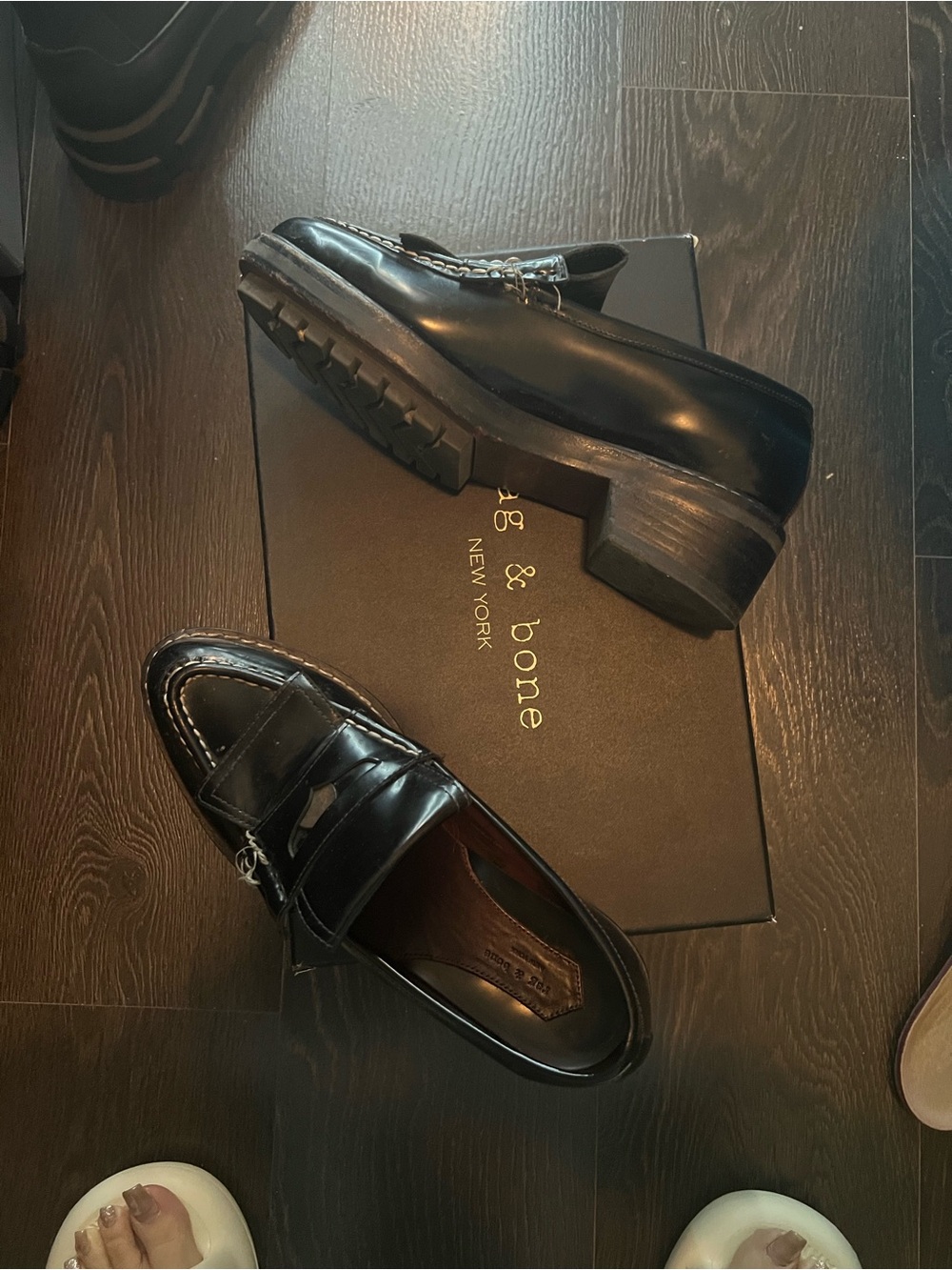 rag & bone Black Leather Penny Loafers with Lug Sole